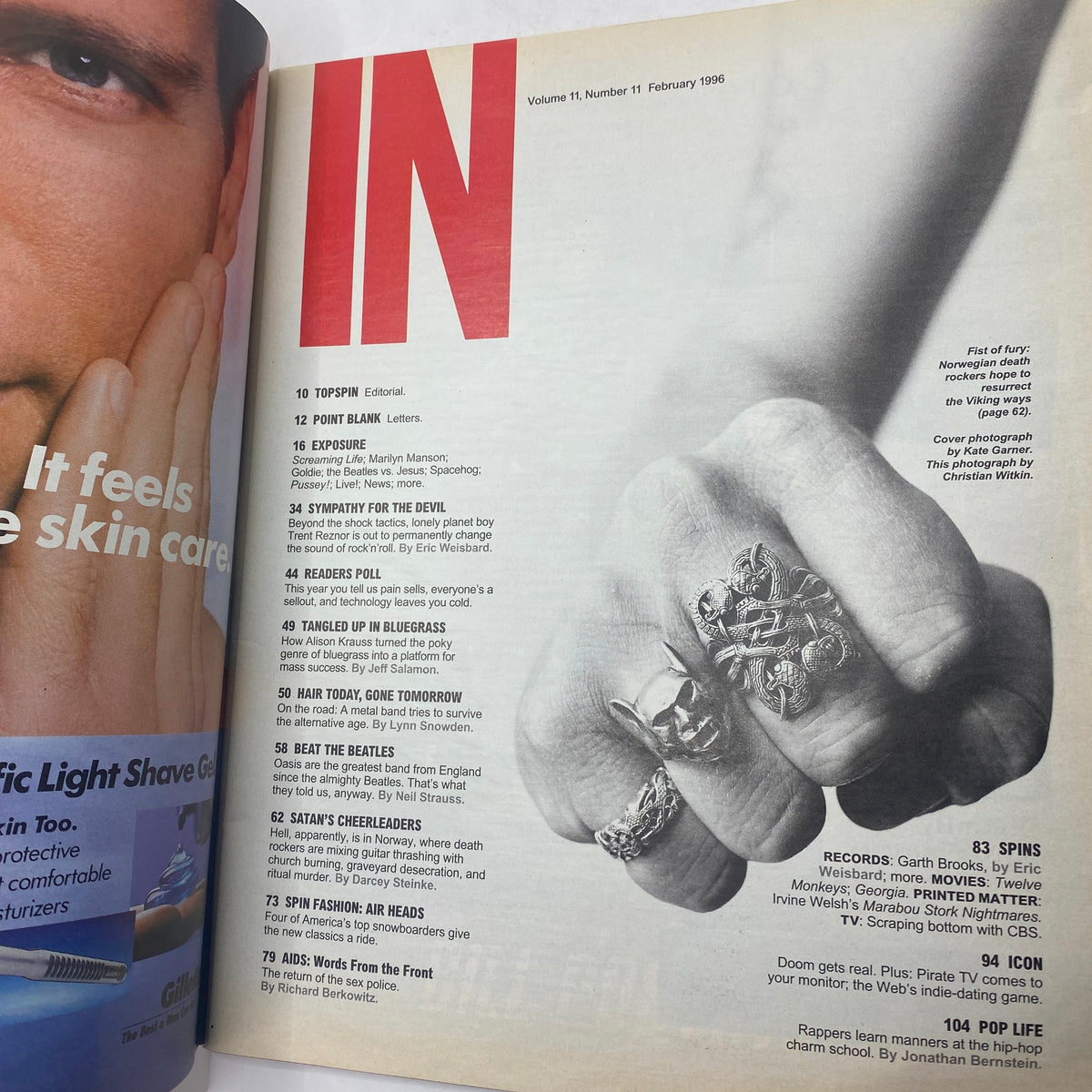 Interior page of Spin Magazine February 1996 Vol 11 No. 11 showcasing the table of contents, featuring articles including 'Sympathy for the Devil' by Eric Weisbard, reflecting the editorial style of 90s music journalism.
