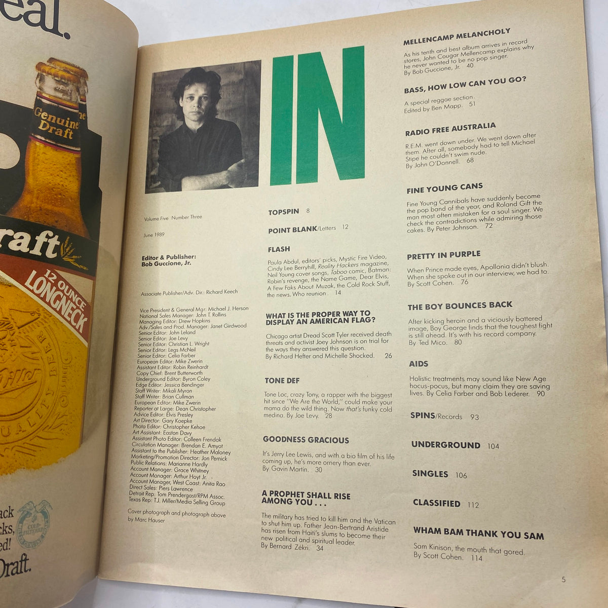 Inside page of Spin Magazine June 1989 Vol 5 No. 3, highlighting various articles including an interview with John Cougar Mellencamp and other influential topics of the time.