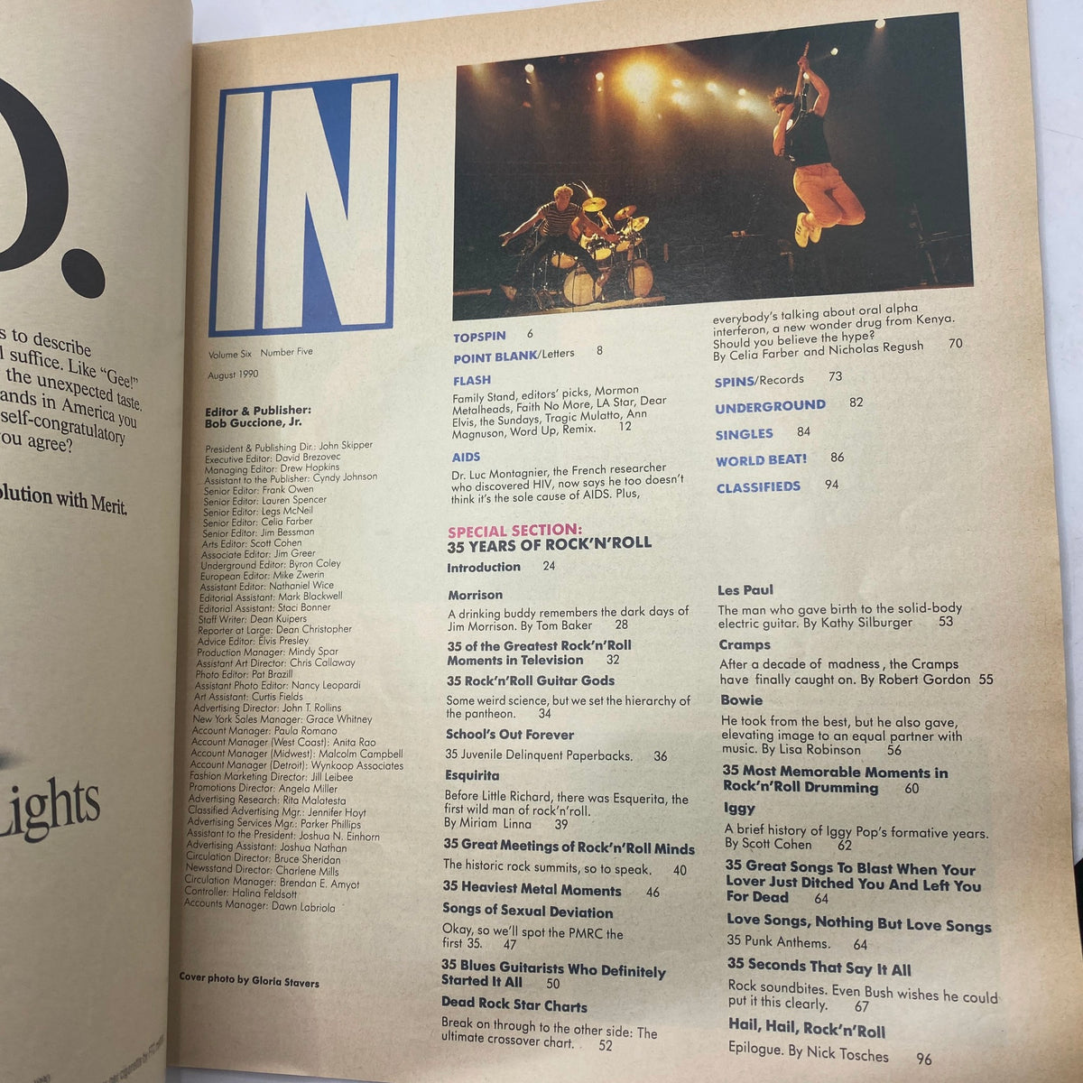 Inside page of Spin Magazine August 1990 Vol 6 No. 5 showcasing the contents including '35 Years of Rock 'n' Roll' and articles about iconic musicians.
