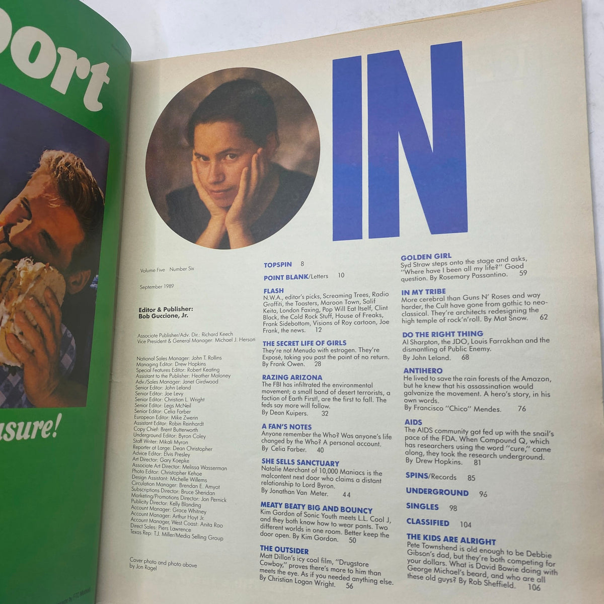 Interior page of VTG Spin Magazine September 1989 Vol 5 No. 6 displaying the editor's note and upcoming features.