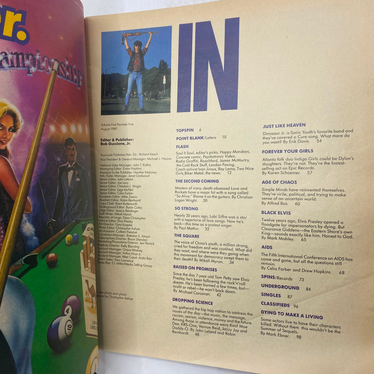 Interior page of VTG Spin Magazine August 1989, featuring Tom Petty and articles from Volume 5, Number 5, highlighting the iconic musician.