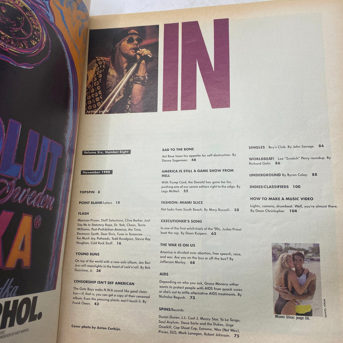 Interior page from Spin Magazine November 1990 Vol 6 No. 8, highlighting articles including Axl Rose and music trends of the era.
