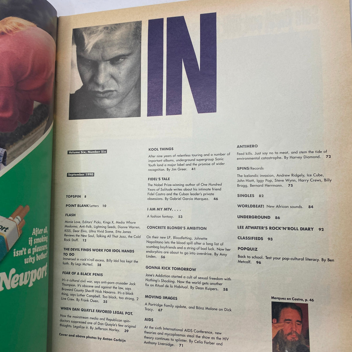 Interior page of Spin Magazine September 1990 Vol 6 No. 6 featuring articles about Billy Idol and Sonic Youth, showcasing the vibrant early 90s music scene.
