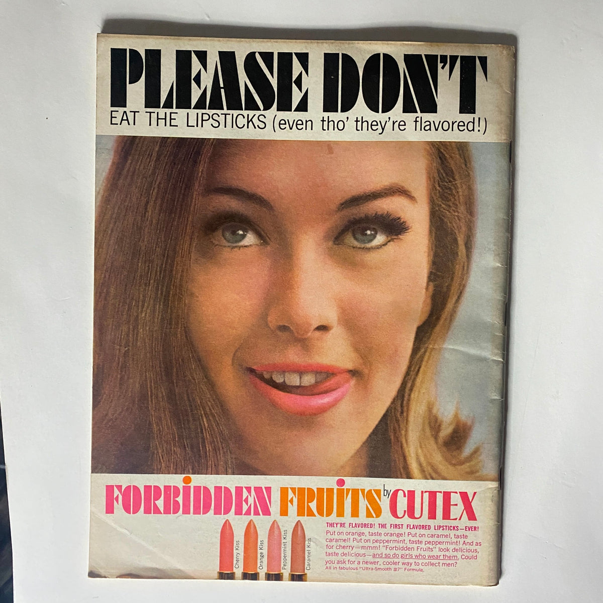 Cover of VTG Teen Magazine August 1964 featuring a model promoting flavored lipsticks from Cutex, with a playful warning not to eat them.