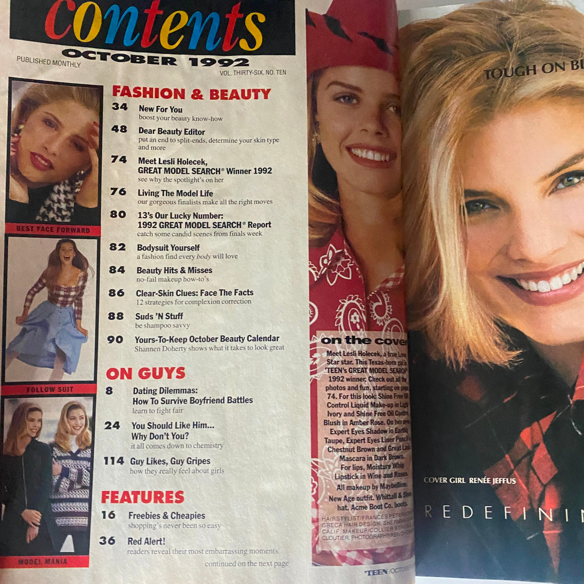Contents page of Teen Magazine October 1992 highlighting articles including beauty tips and featuring Lesli Holecek, the Great Model Search Winner.