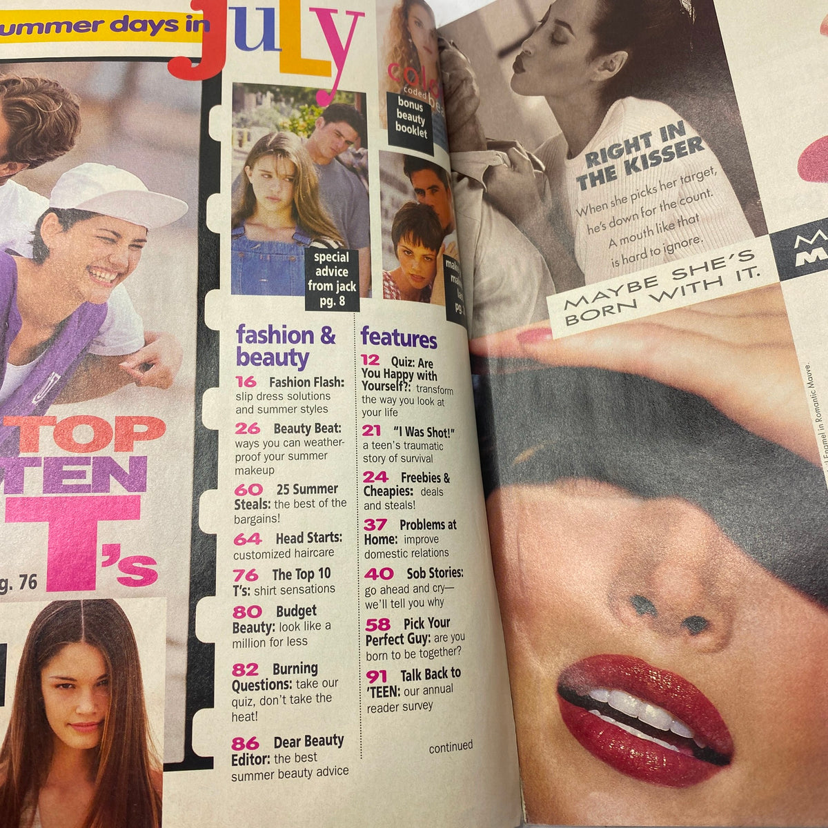 Inside page of Teen Magazine July 1994 showcasing the Table of Contents with features on fashion, beauty tips, and celebrity interviews.