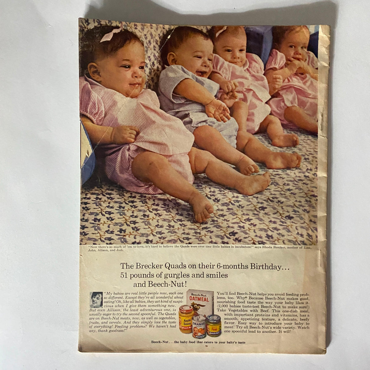 Back cover of VTG Motion Picture Magazine September 1964 featuring the Brecker Quads celebrating their 6-month birthday with a nostalgic advertisement for Beech-Nut baby food.