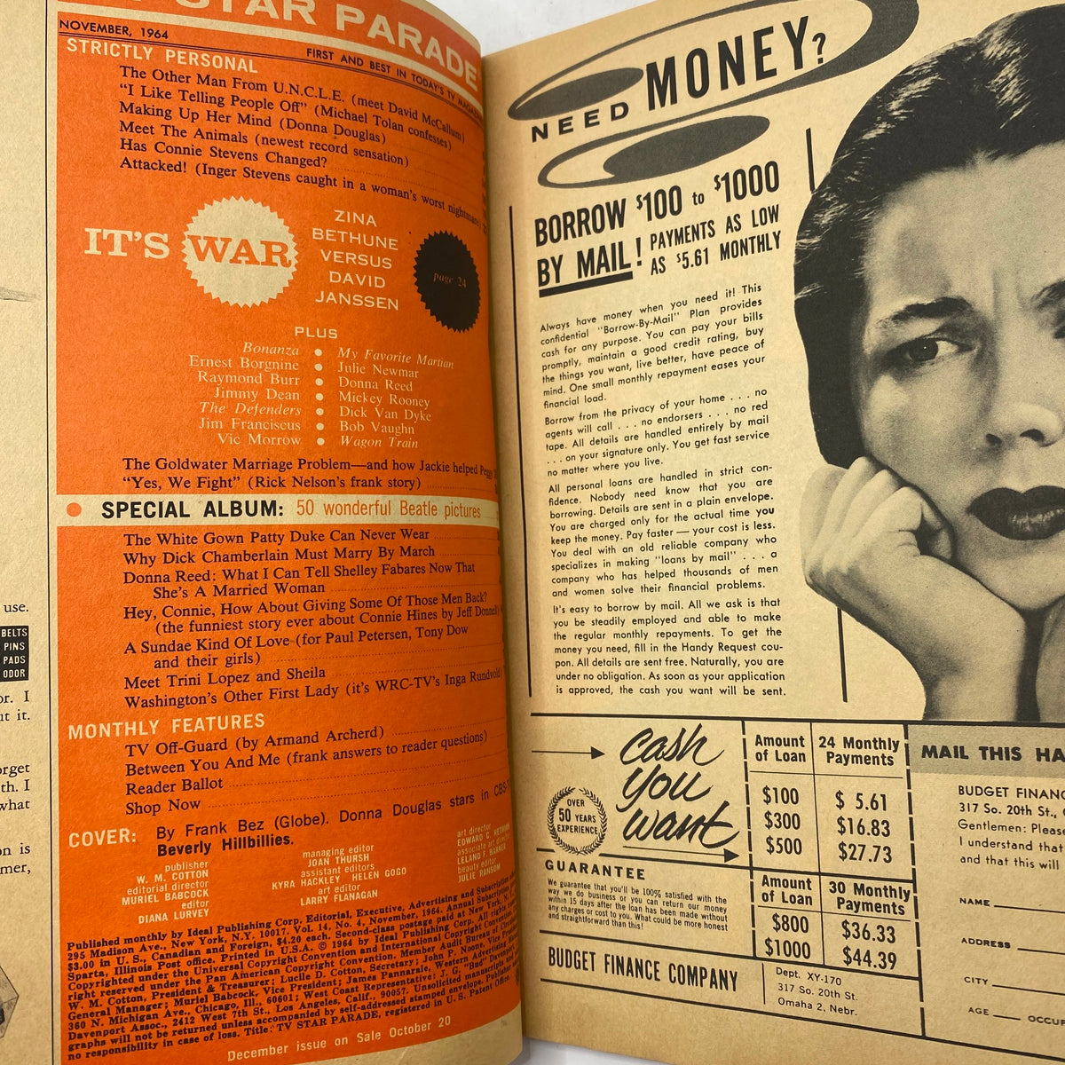 Interior page of the VTG TV Star Parade Magazine November 1964, showcasing articles and advertisements from the era, including a focus on Donna Douglas.