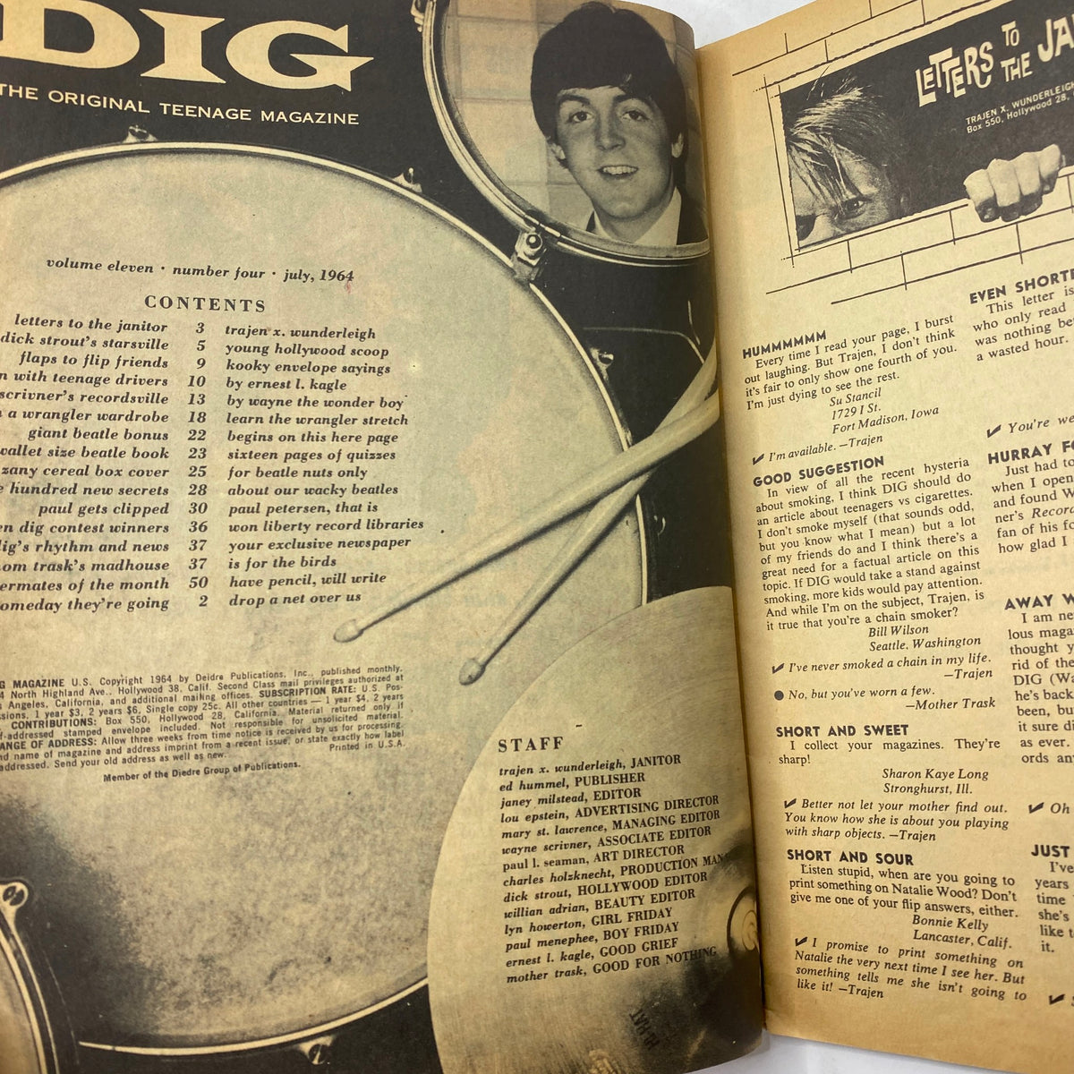 Inside view of VTG Dig Magazine July 1964 featuring Paul McCartney, highlighting 1960s pop culture and The Beatles.