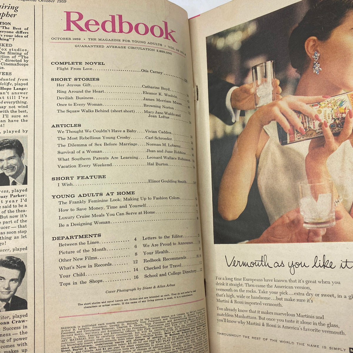 Inside page of VTG Redbook Magazine October 1959 showcasing the table of contents and articles including 'We Thought We Couldn't Have a Baby'.