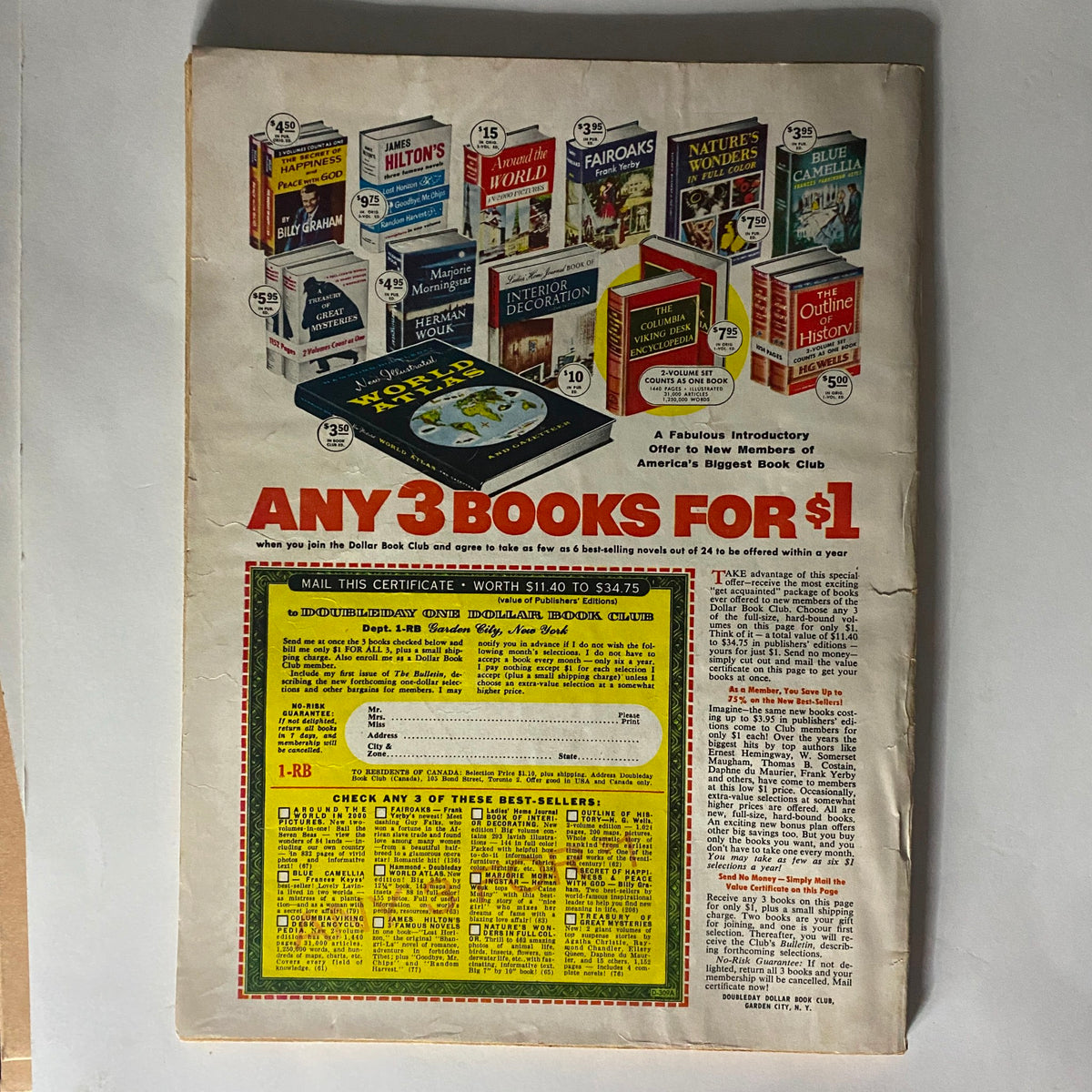 Back cover of VTG Redbook Magazine January 1958 highlighting a book club promotion with a nostalgic design.