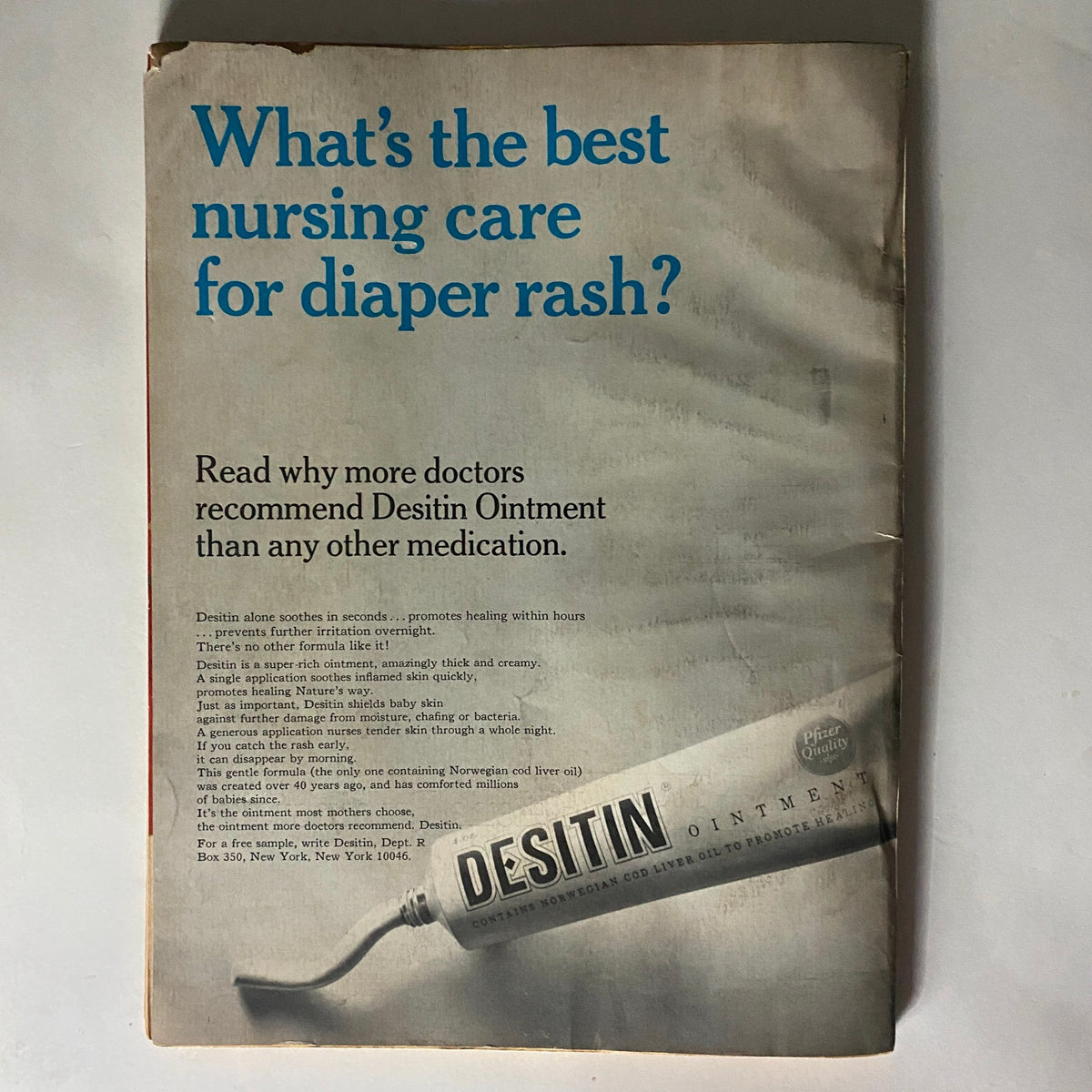 Back cover of VTG Redbook Magazine March 1965 with an advertisement for Desitin Ointment for diaper rash care.