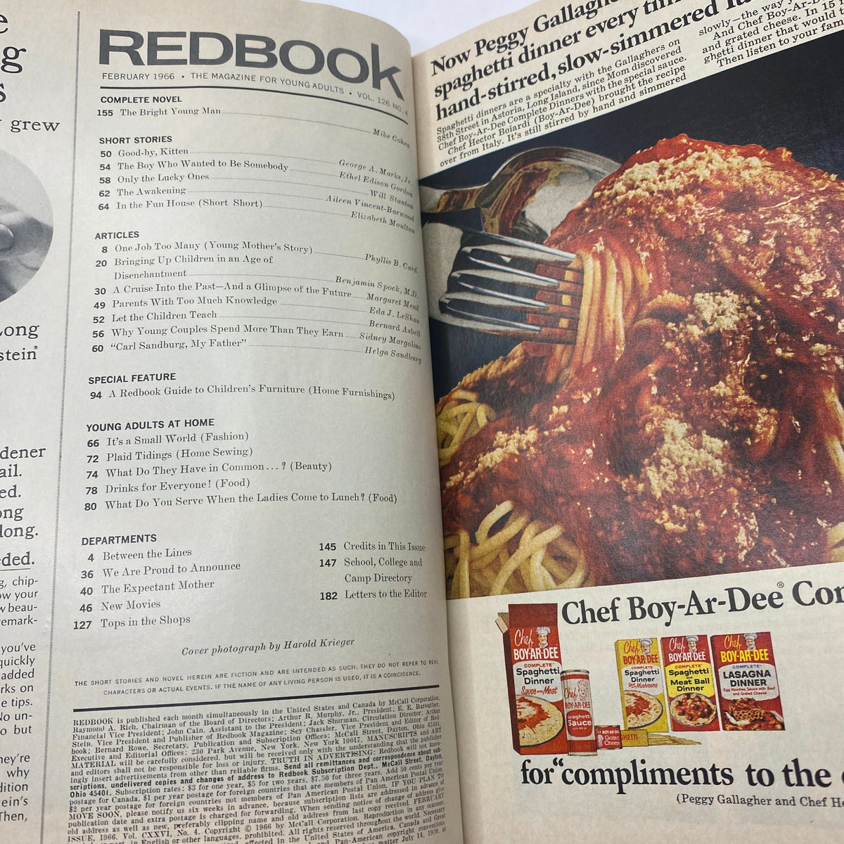 Inside page of VTG Redbook Magazine February 1966 featuring articles, recipes, and a captivating portrayal of Carl Sandburg titled 'My Father, Carl Sandburg - a Loving Portrait'.