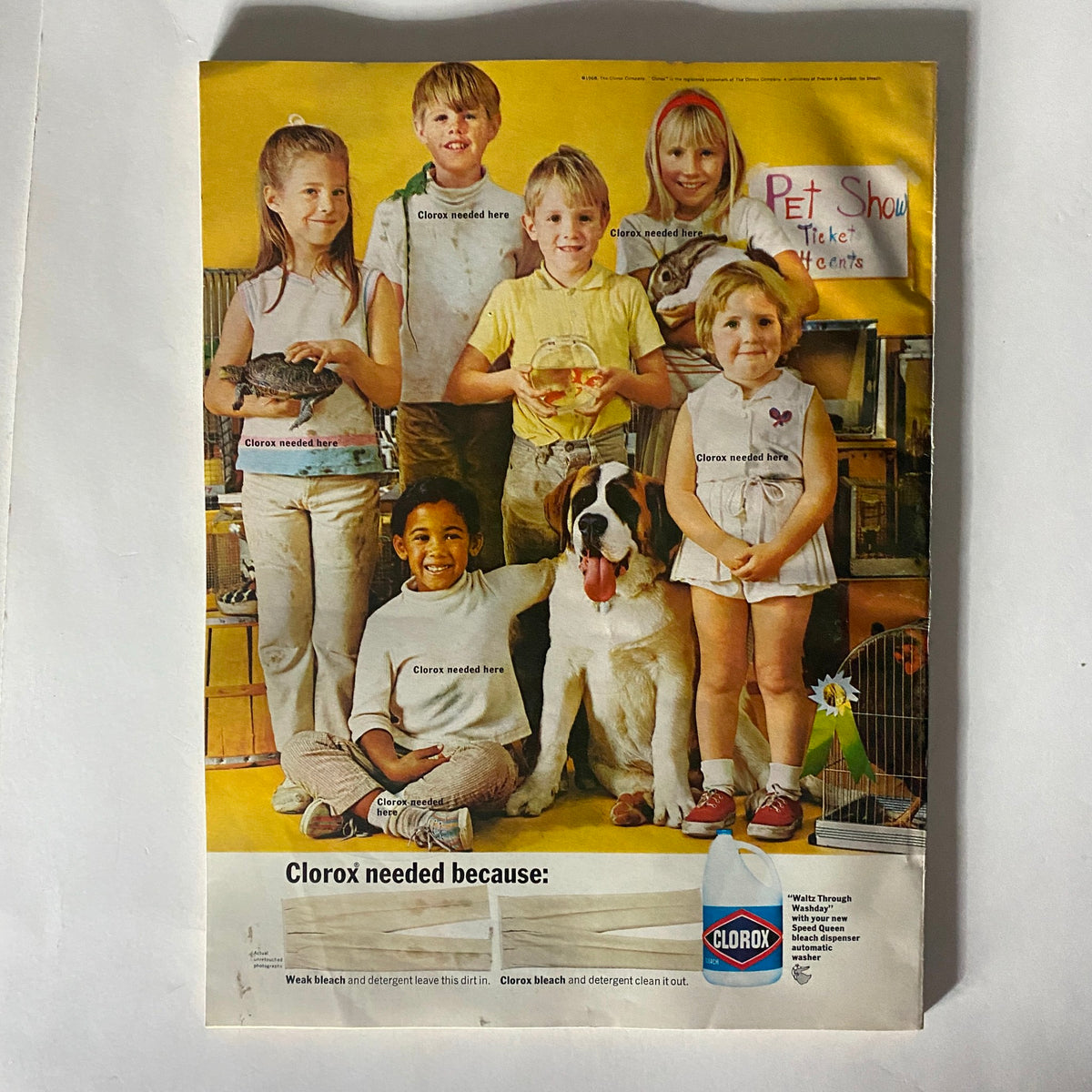 Advertisement page from VTG Redbook Magazine May 1968 Vol 131 No. 1 showcasing children holding pets and promoting Clorox cleaning products.