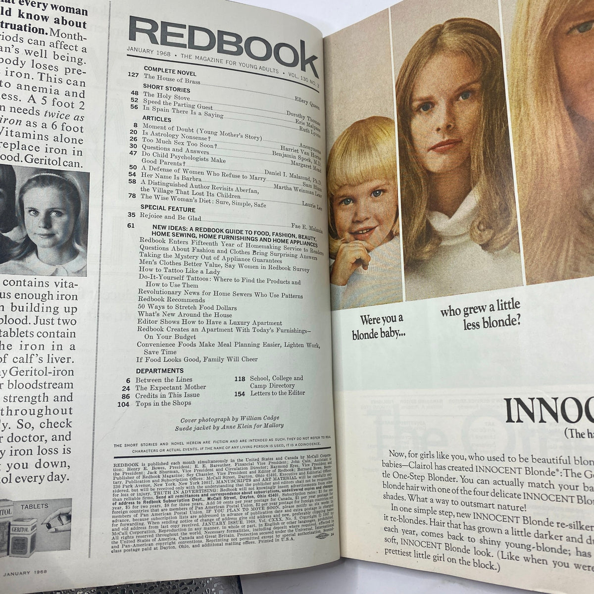 Inside page of VTG Redbook Magazine January 1968, showcasing the table of contents with features including articles on food, fashion, and beauty. Volume 130, Number 3 edited by Harriet Van Horne.