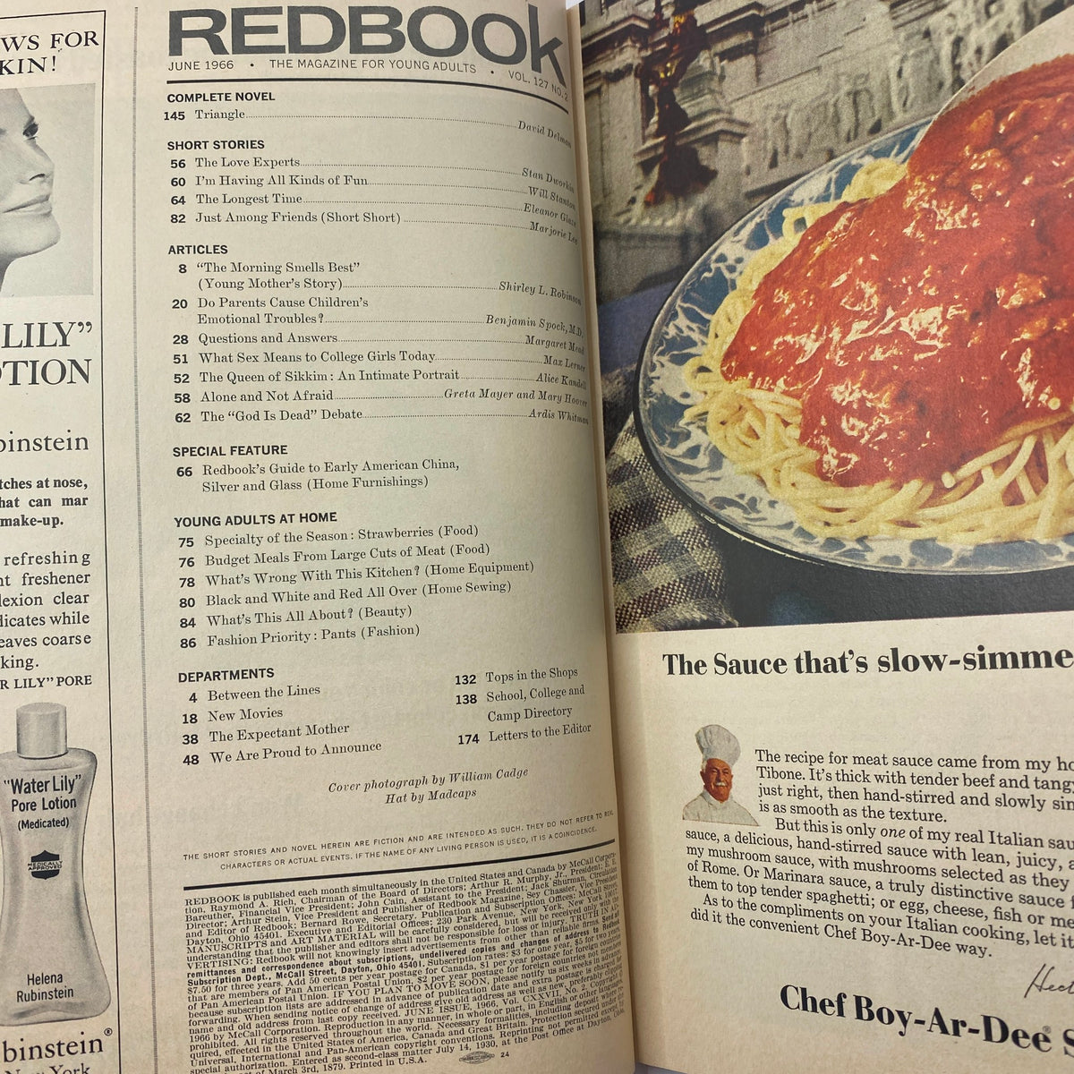 Interior page of VTG Redbook Magazine June 1966 Vol 127 No. 2 displaying contents and delicious food photography, representing the magazine's diverse articles.