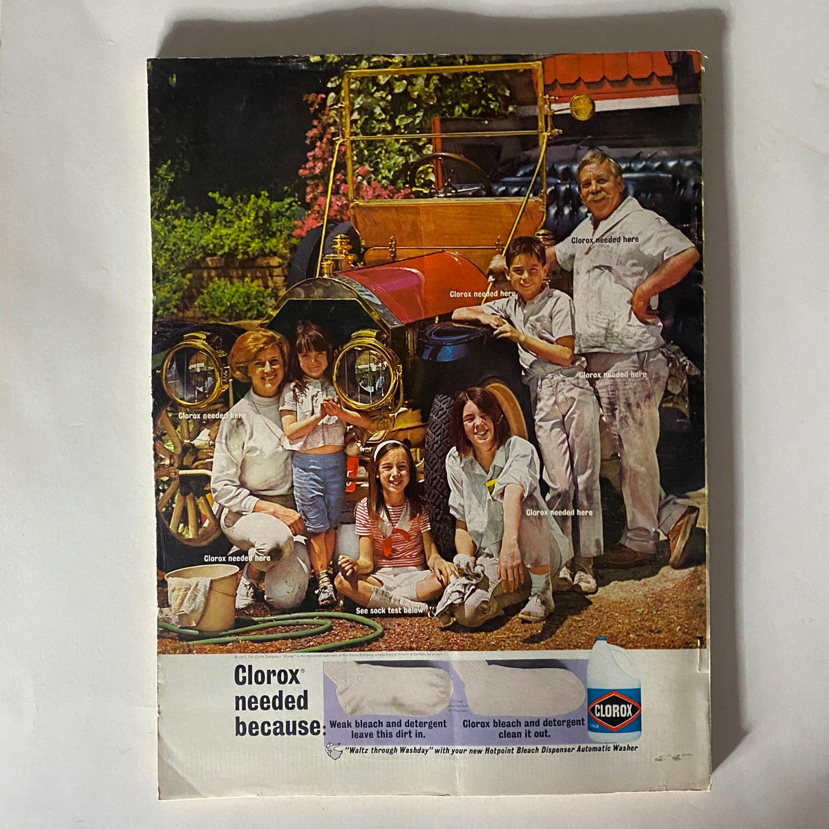 Back cover of VTG Redbook Magazine September 1967 featuring a Clorox advertisement with visuals of a family around a vintage car.