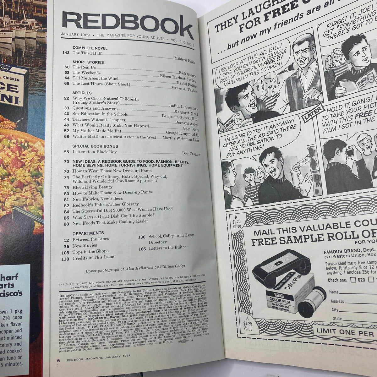 Inside pages of VTG Redbook Magazine January 1969, showcasing the table of contents with articles about childbirth, happiness, and fashion.