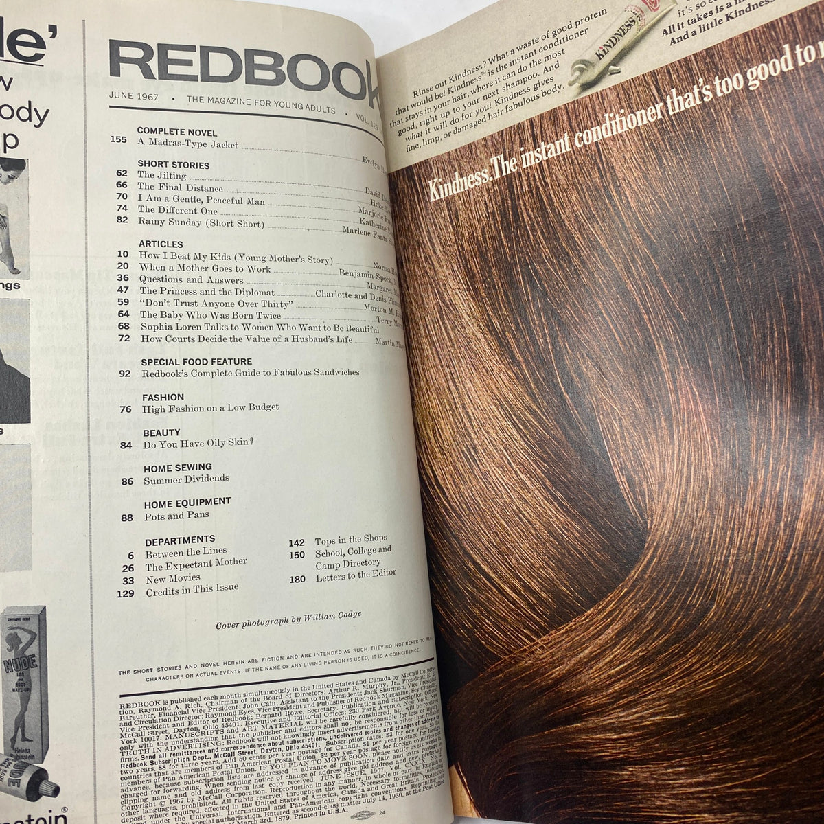 Interior page of the VTG Redbook Magazine June 1967 showcasing the table of contents and an advertisement for hair care products.