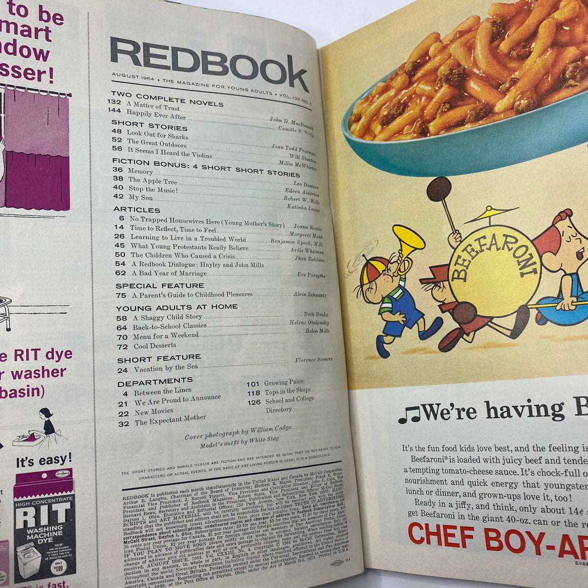 Interior pages of VTG Redbook Magazine August 1964, displaying the table of contents with article titles, including features on literature and family topics.