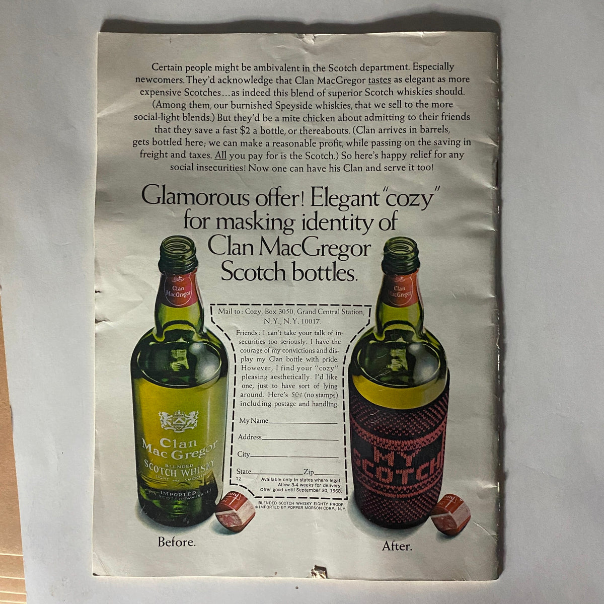 Advertisement from VTG The Reporter Magazine November 30, 1967, promoting Clan MacGregor Scotch bottles with a before and after design.