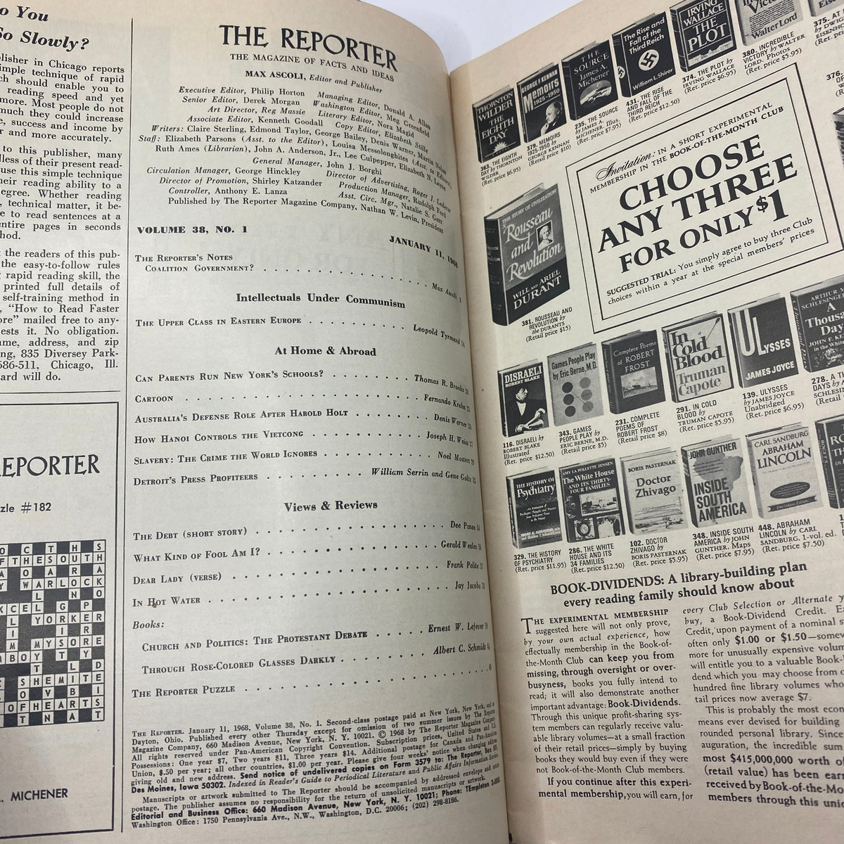 Inside page of VTG The Reporter Magazine January 11 1968, showcasing articles including 'The Upper Class in Eastern Europe' and various advertisements.