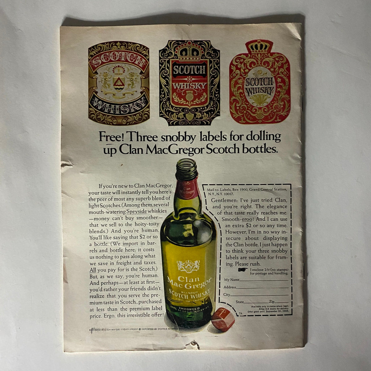 Advertisement from VTG The Reporter Magazine January 11 1968 for Clan MacGregor Scotch whisky, featuring a bottle and promotional labels.