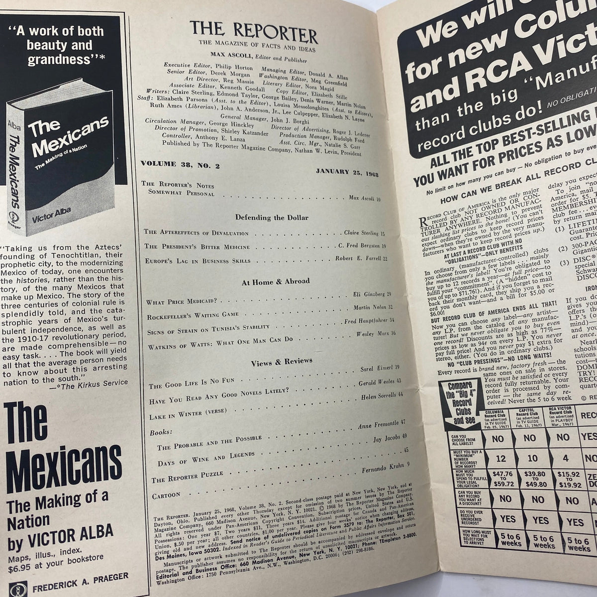 Inside page of VTG The Reporter Magazine from January 25 1968, displaying the table of contents and article titles related to 'Defending the Dollar'.