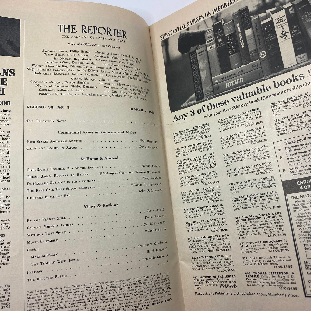 Inside spread of VTG The Reporter Magazine March 7 1968, showcasing the table of contents with articles including 'Communist Arms in Vietnam and Africa' and various thematic discussions of the era.