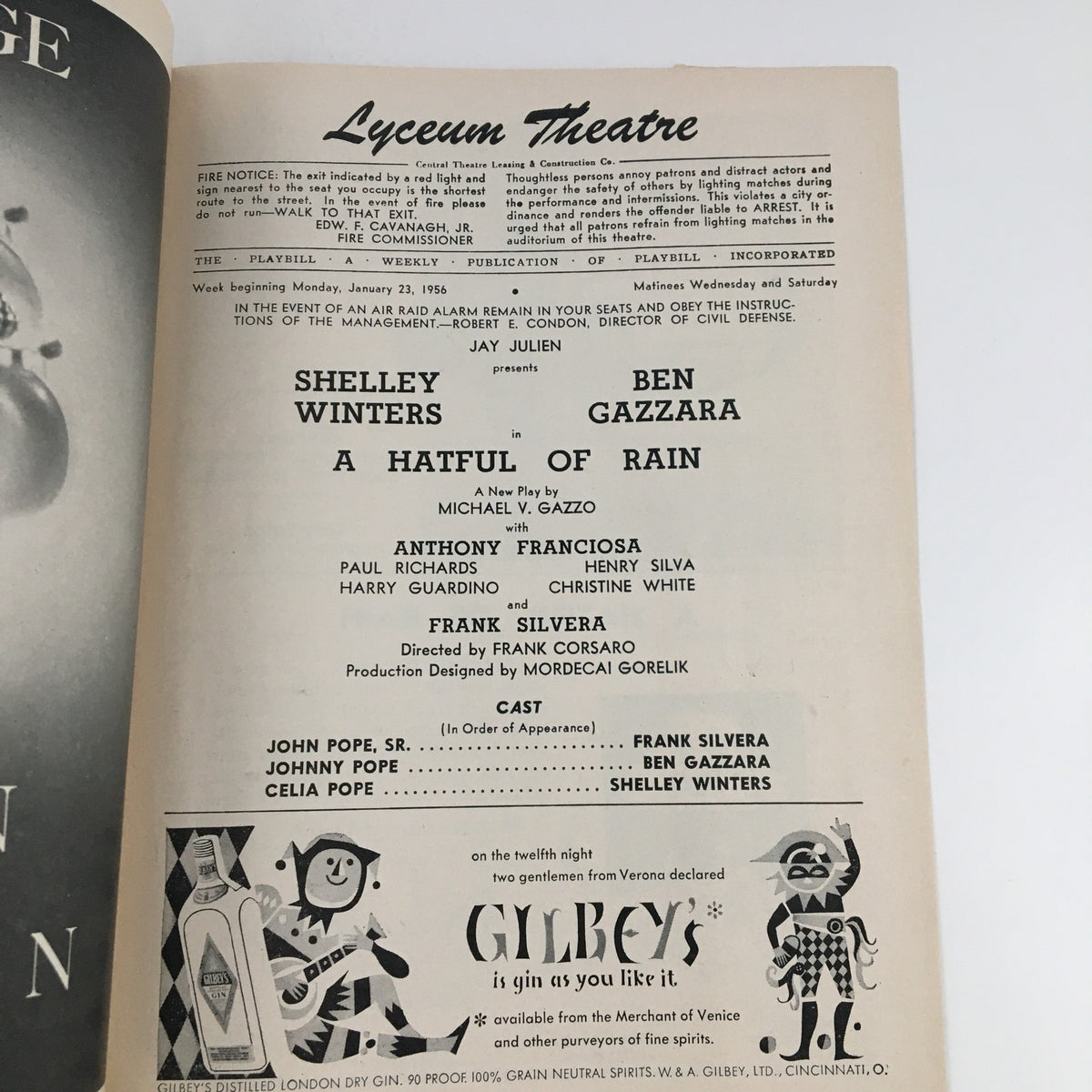Vintage 1956 Playbill for 'A Hateful of Rain' featuring Shelley Winters at the Lyceum Theatre, showcasing cast and production details.