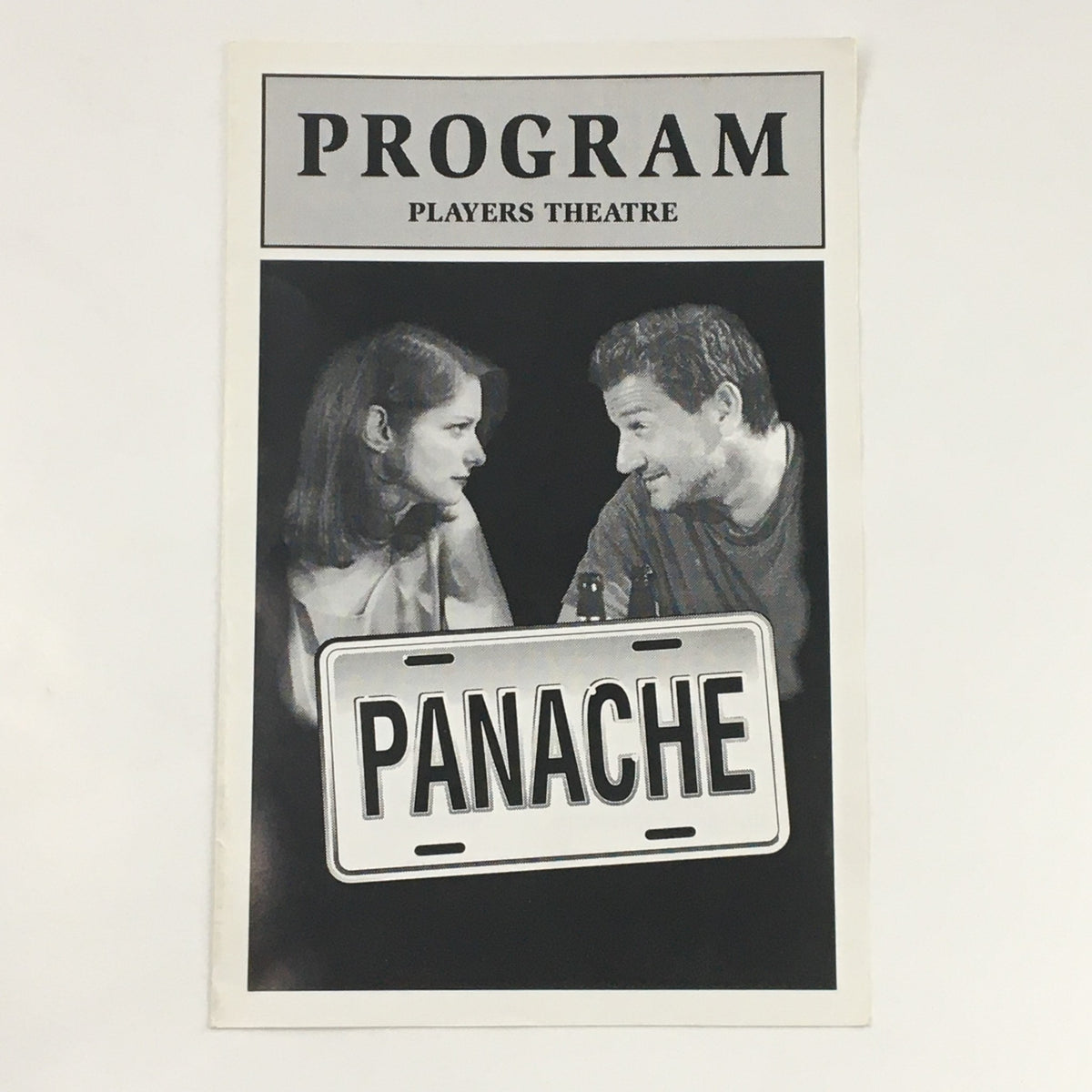 2000 Program Players Theatre David A. Cox Present Panache by Don Gordon, featuring a black and white cover image of two actors engaged in conversation with a sign reading 'PANACHE' prominently displayed.