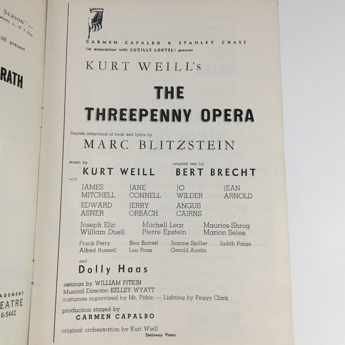 Interior page of the 1954 Theater De Lys booklet for Kurt Weill's The Threepenny Opera listing the cast and production details.