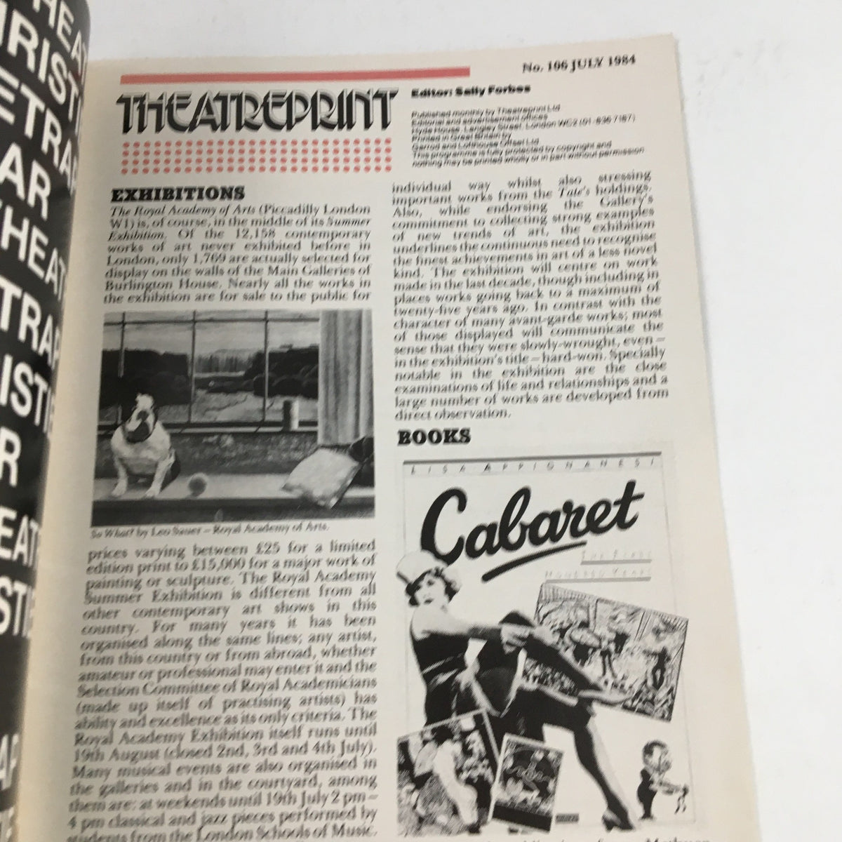 Inside page of the theatre program from July 1984 containing information about exhibitions at the Prince of Wales Theatre, showcasing the culture surrounding the venue.