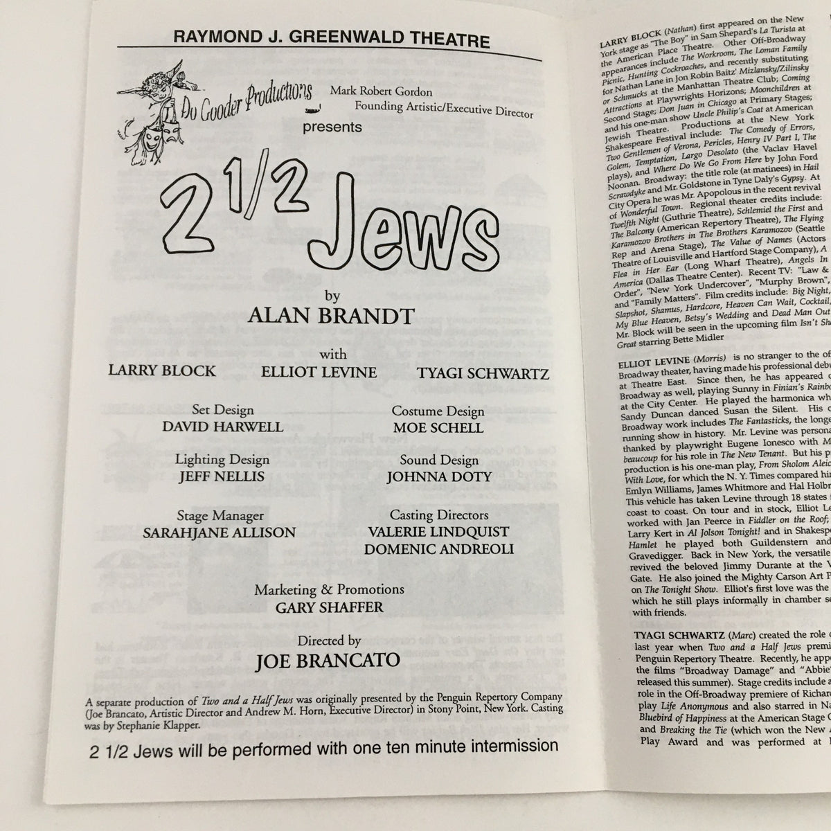 Interior page of the program for '1996 DG Gooder Productions Raymond J. Greenwald Theatre Present 2 1/2 Jews', listing the cast and crew including Alan Brandt and others.