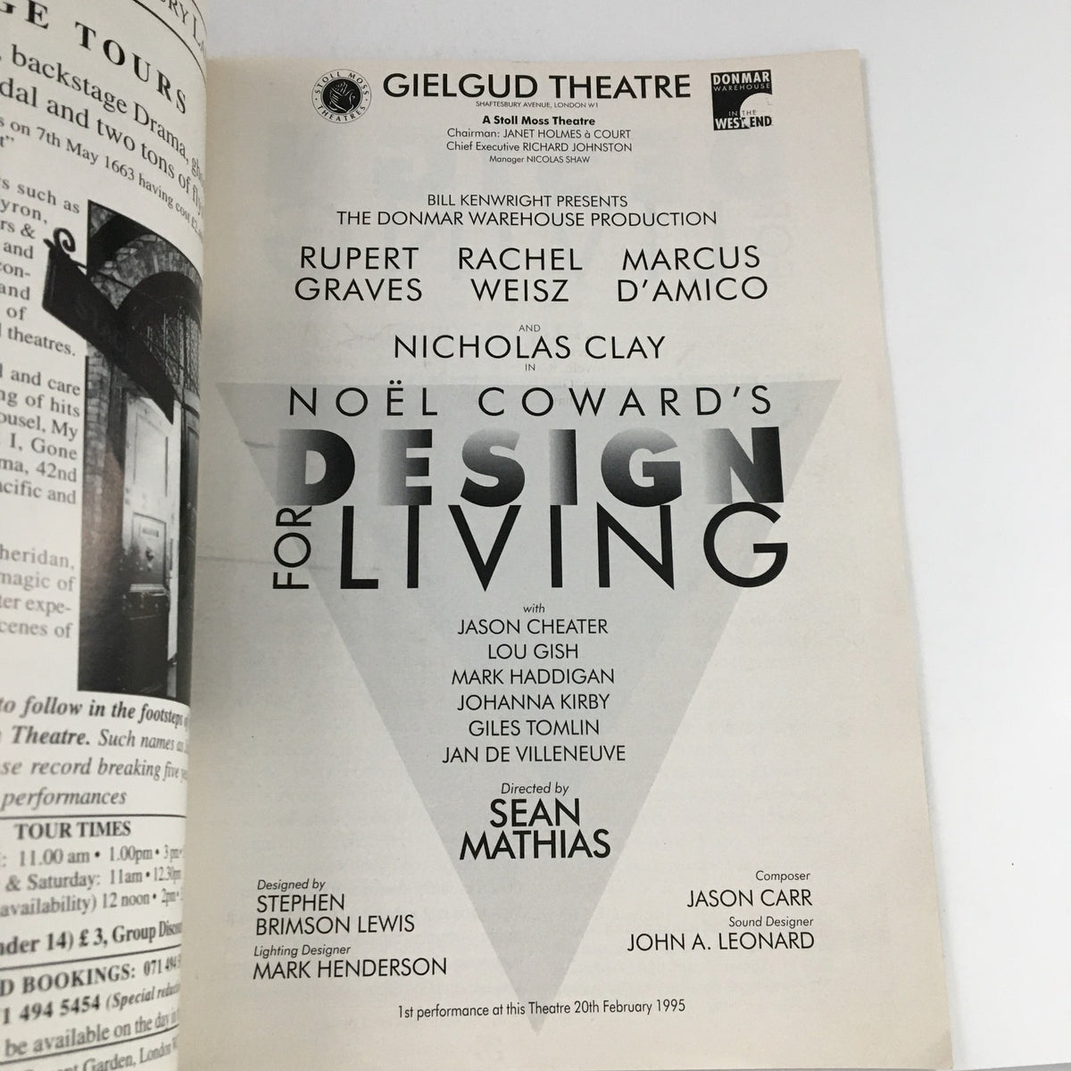 Inside page of the 1995 A Stoll Moss Theatre Gielgud Theatre program for Noel Coward's Design for Living detailing the cast and crew, directed by Sean Mathias.
