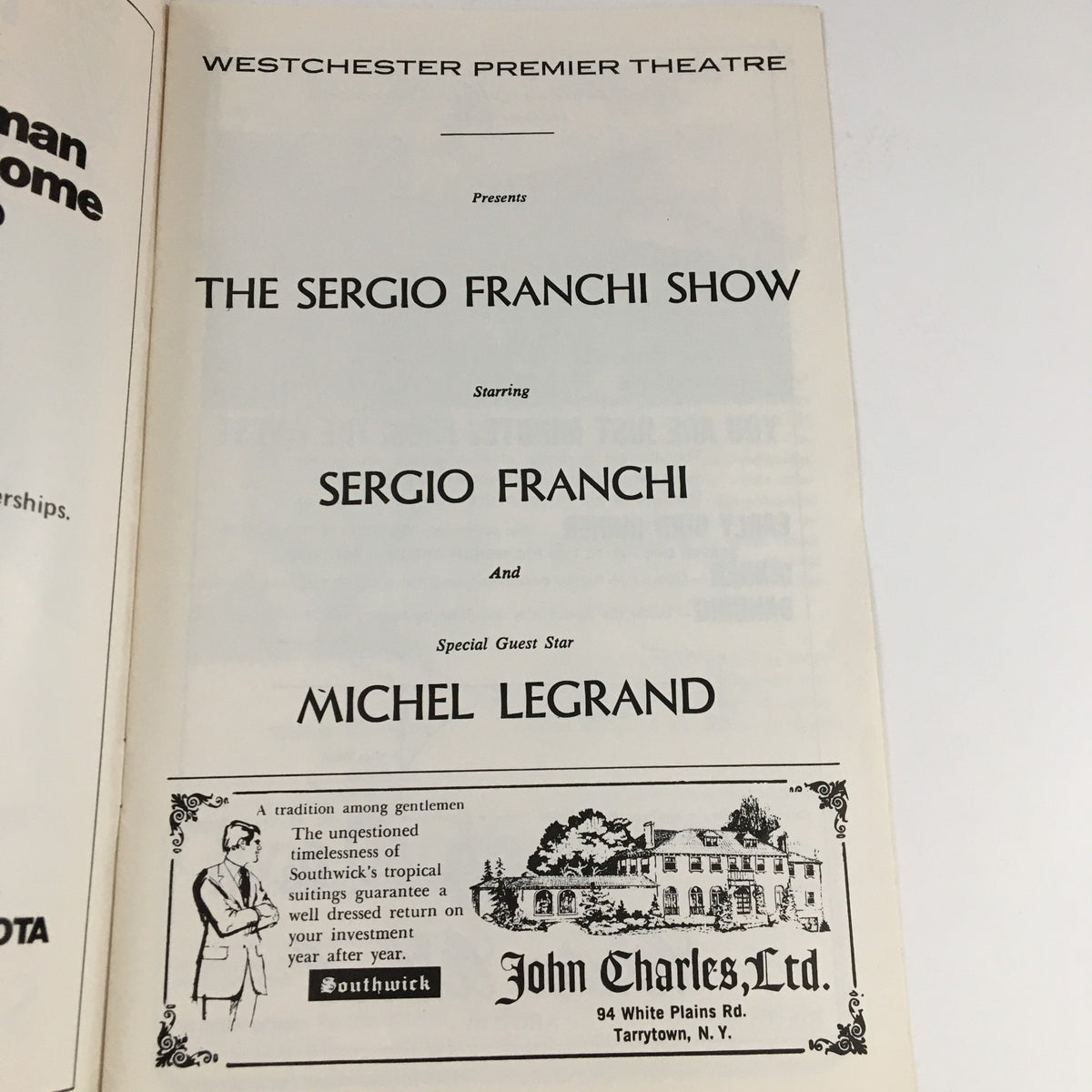 Interior page of the program for the 1963 Westchester Premier Theatre Presents The Sergio Franchi Show listing Sergio Franchi and special guest star Michel Legrand.