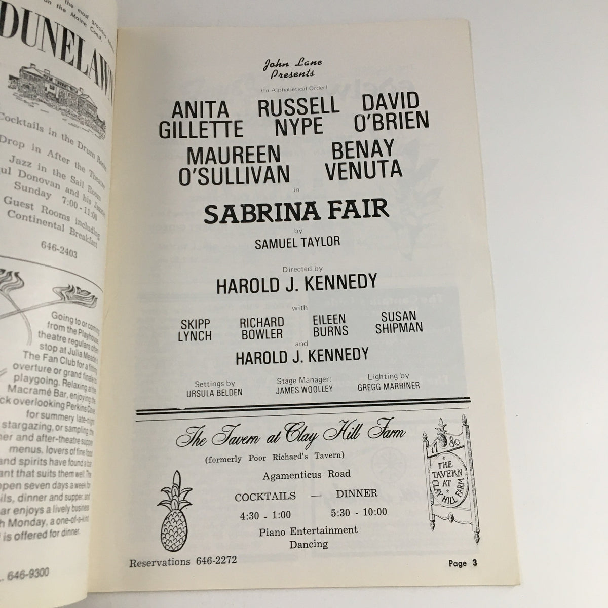 Interior page of '1976 Forty-Fourth Season john Lane Presents Sabrina Fair by Samuel Taylor', listing cast and crew including Anita Gillette and Russell David Nype, with details about the play's director, Harold J. Kennedy.