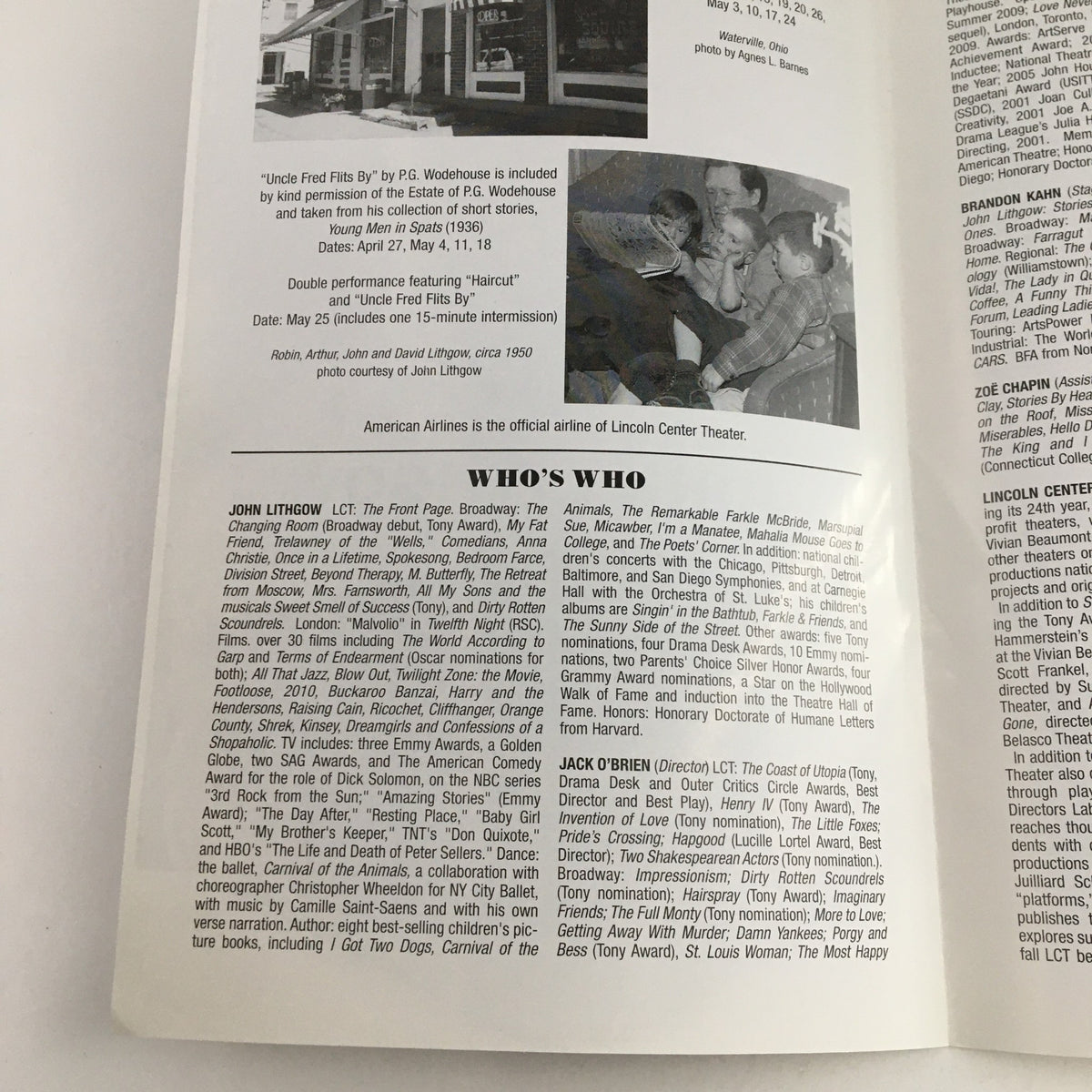 Inside page of the '2009 The Front Page' Broadway program at Lincoln Center Theater listing cast and crew details, including John Lithgow's biography.