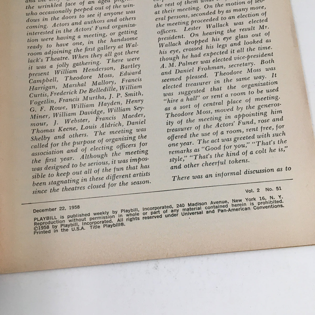 Back cover of the 1958 Playbill for The Disenchanted with an advertisement for VAT 69 whisky, printed for the holidays.