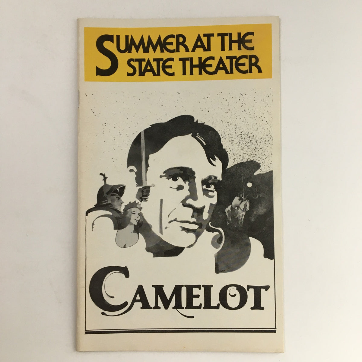 Poster for 'Summer At The State Theater' featuring Richard Burton in Lerner's Camelot, showcasing an artistic depiction of Burton and theatrical elements.