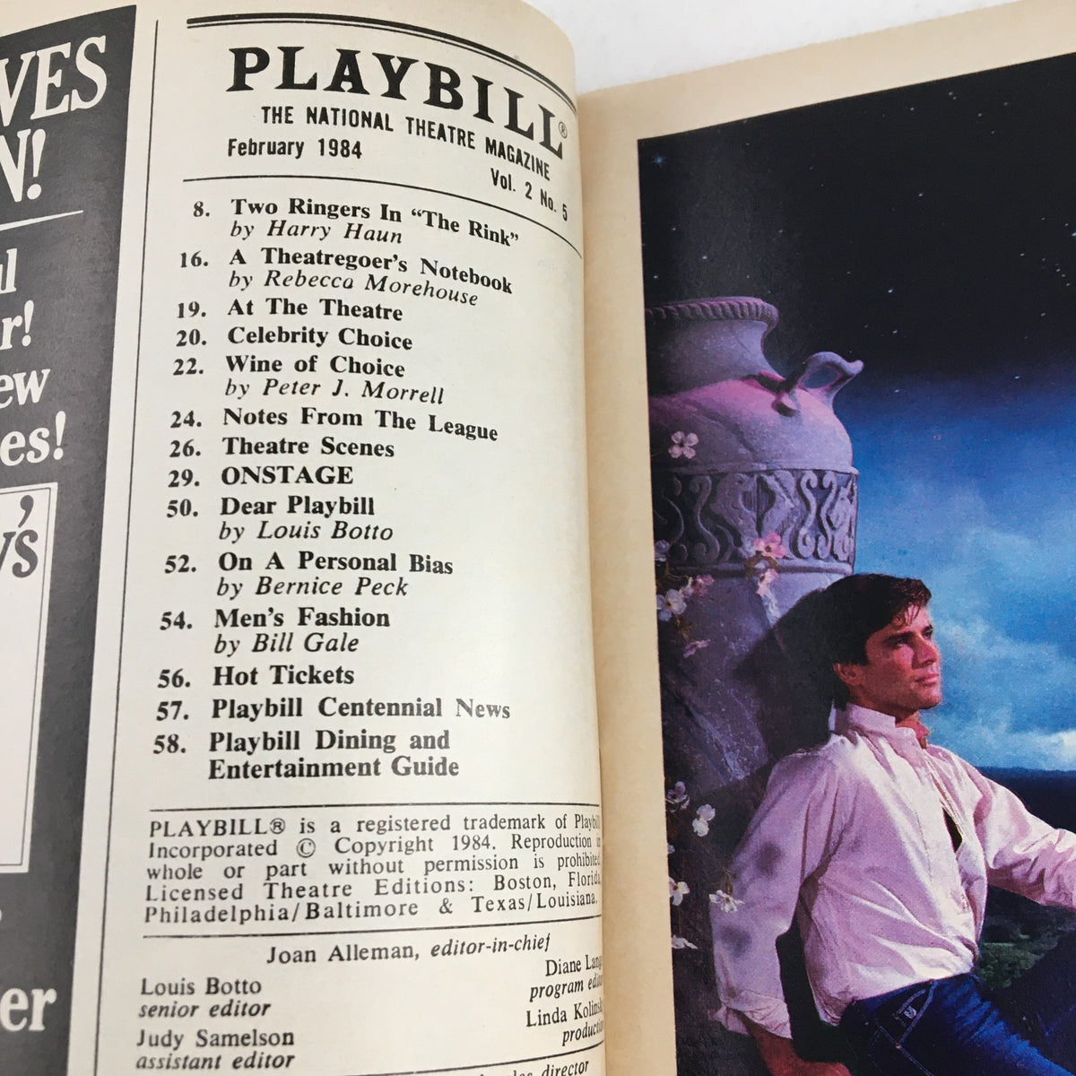 Inside view of the 1984 Playbill for Noises Off, showcasing additional content including the national theatre magazine section and upcoming performances.