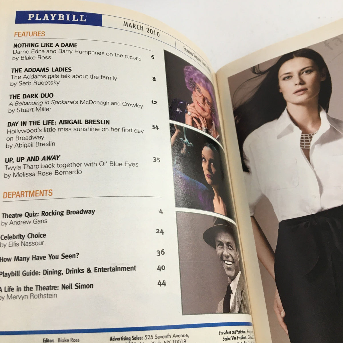 Inside page of the 2010 Playbill for Time Stands Still showcasing features including other plays and actors from March 2010.