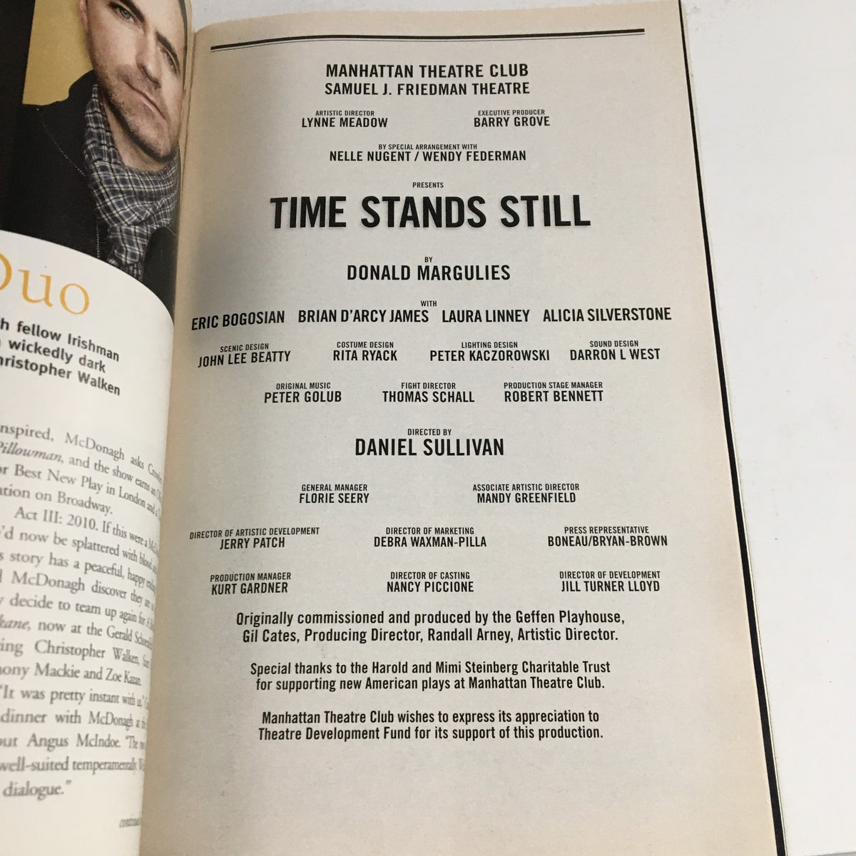 Credits page of the 2010 Playbill for Time Stands Still detailing the cast and creative team involved in the production.