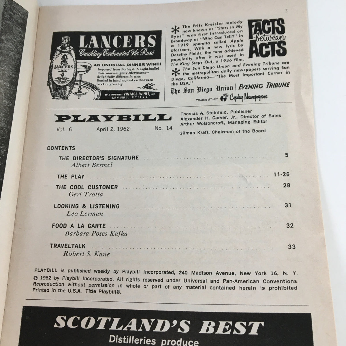 Interior page of the 1962 Playbill for The Booth Theatre, listing directors and upcoming acts, enhancing the historical significance of A Shot In The Dark.