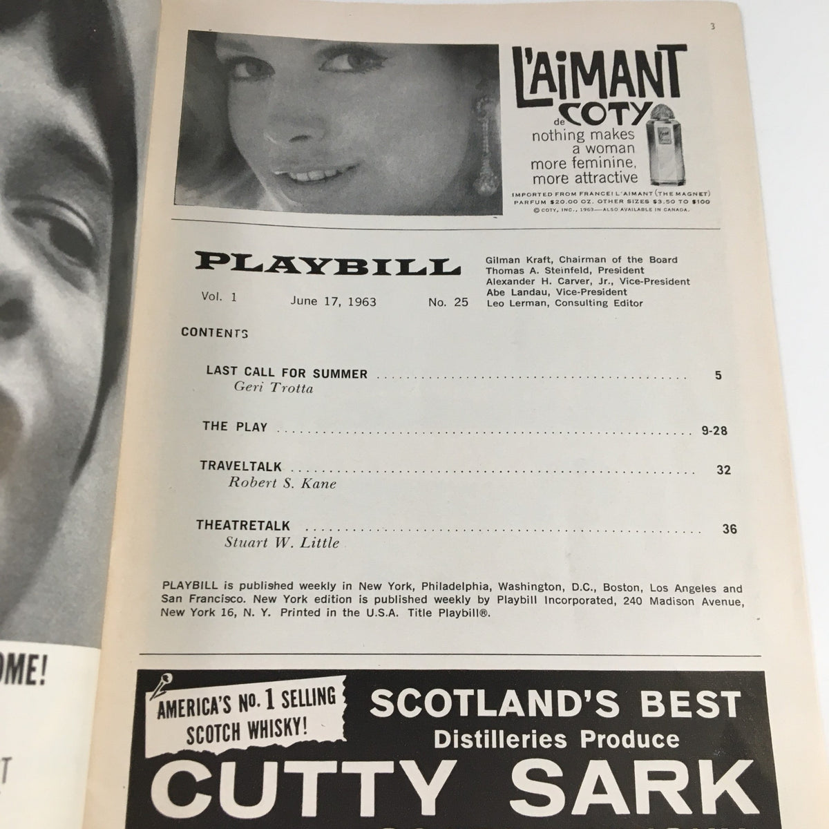 Interior page of the 1963 Playbill for Photo Finish, showcasing the table of contents with listings for the upcoming summer productions, reflecting the theater era.