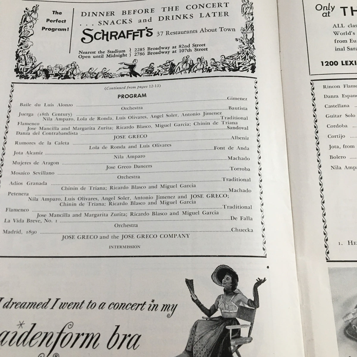 Interior page of the 1954 Stadium Concerts Symphony Orchestra Review of The Three-Cornered Hat illustrating the program details, including performances by Jose Greco and his company, highlighting the concert structure and cultural significance.