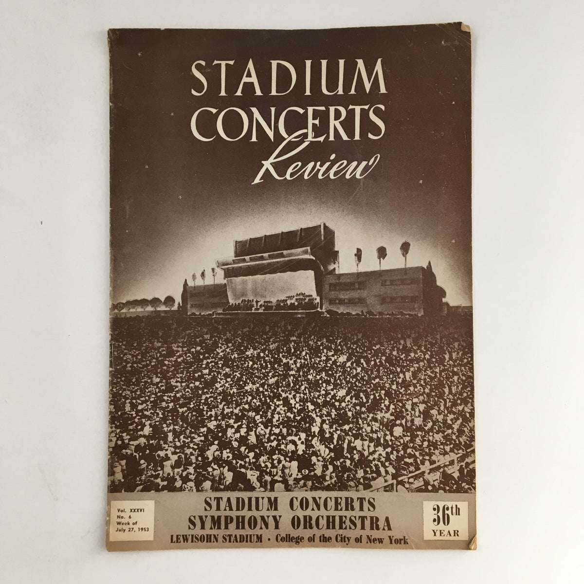 Cover page of the 1953 Stadium Concerts Symphony Orchestra Review at Lewisohn Stadium featuring a large audience and the iconic venue.