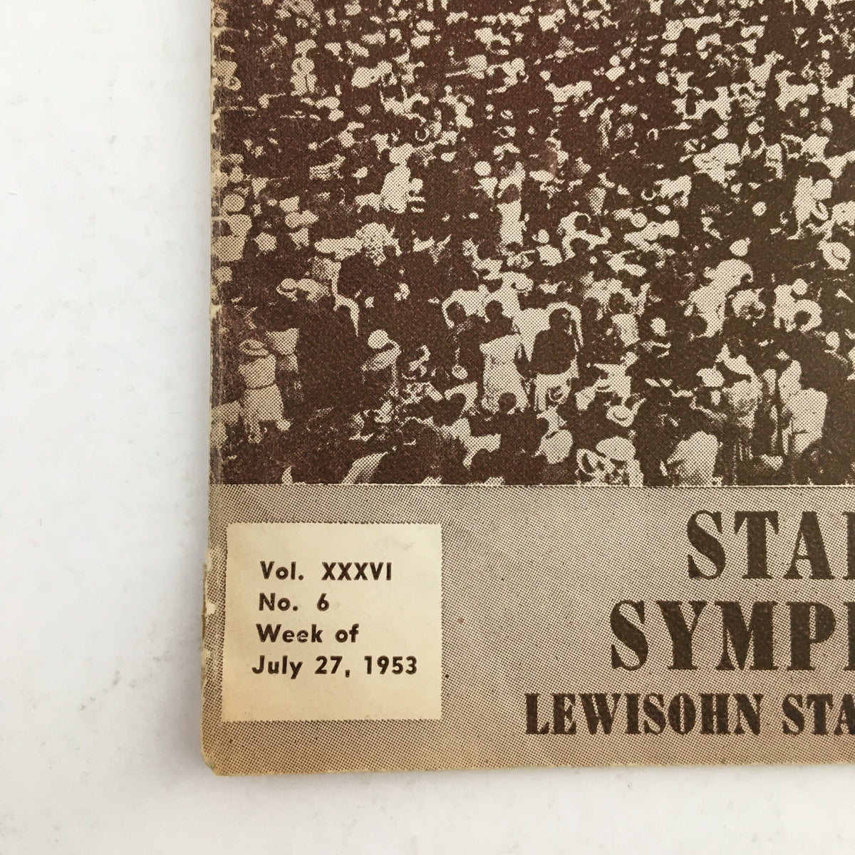 Close-up of the 1953 Stadium Concerts Symphony Orchestra Review, detailing the date of July 27, 1953, at Lewisohn Stadium.