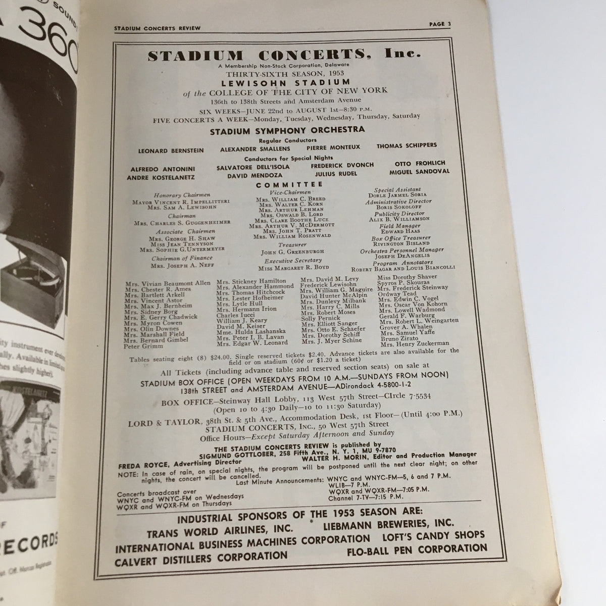 Inside page of the 1953 Stadium Concerts Symphony Orchestra Review, listing the concert program and performers at Lewisohn Stadium.