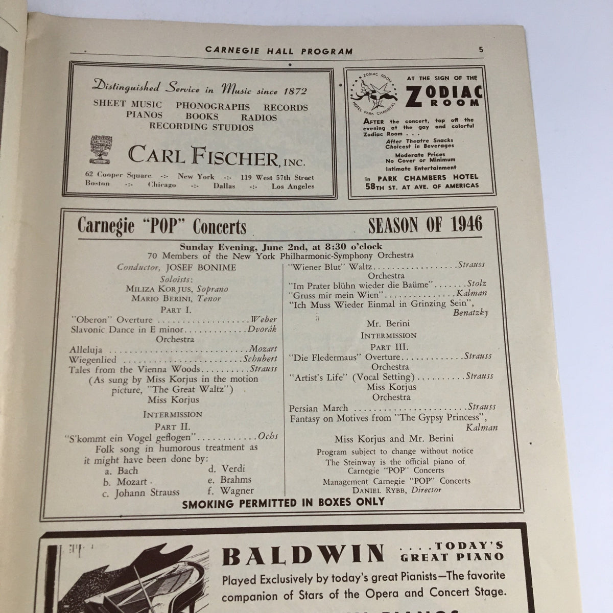 1946 Carnegie Pop Concerts Hall Program detailing the season schedule and performances from the New York Philharmonic Symphony Orchestra, featuring conductor Josef Bonime.